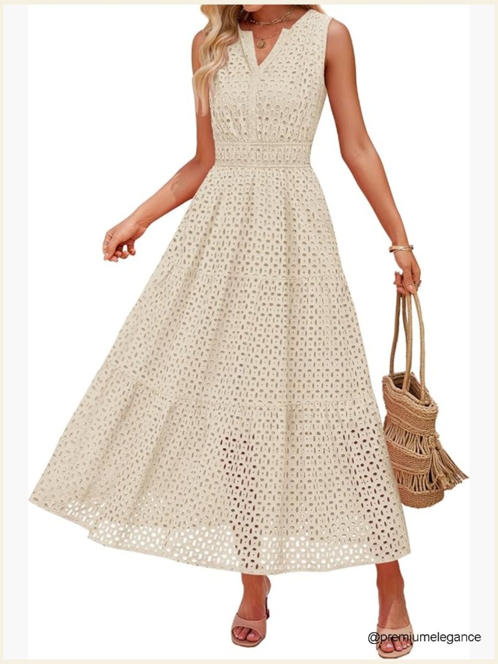 Sleeveless Maxi Dress With Eyelet Embroidery, V-Neck, Elastic Waist, Pockets